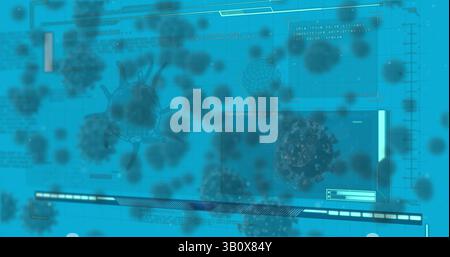 Displaying 3D virus model floating within digital HUD interface, with grid lines and data panels Stock Photo