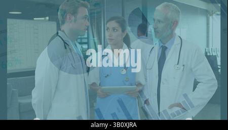 Image of data processing over three diverse doctors Stock Photo