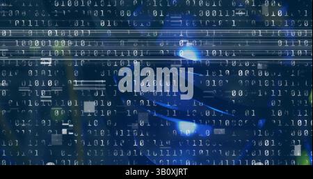 Image of interference and binary coding over server room Stock Photo