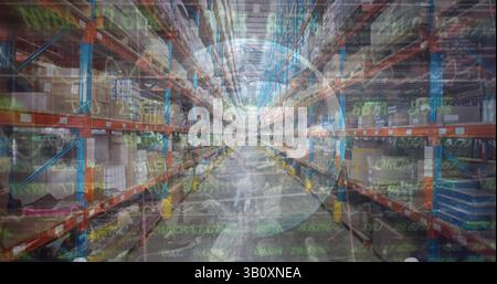 Image of financial data over warehouse Stock Photo