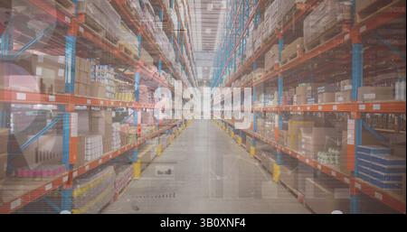 Image of financial data over warehouse Stock Photo