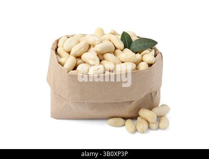 Peeled peanuts in paper bag isolated on white Stock Photo