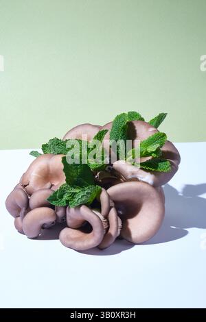 Organic oyster mushrooms with fresh mint leaves on a clean pastel green and white background. Natural food concept with modern minimal style. Stock Photo