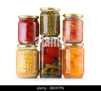 Many jars with different pickled products isolated on white Stock Photo