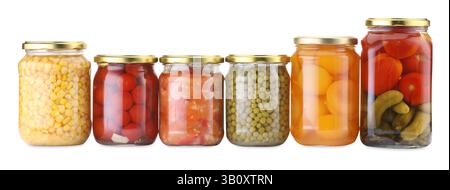 Many jars with different pickled products isolated on white Stock Photo