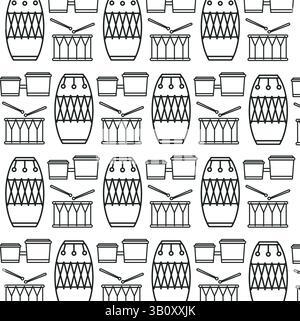 Outlined seamless layout of snare bongo and conga drums. Vector illustration Stock Vector
