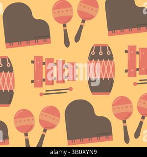 Flat style pattern with drums maracas xylophones and pianos in cartoon form. Vector illustration Stock Vector
