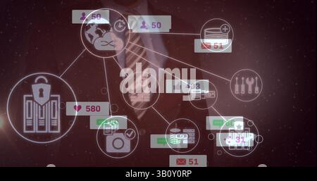 Multiple speech bubbles with digital icons over mid section of businessman touching invisible screen Stock Photo