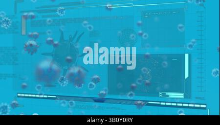 Displaying central large 3D virus model floating in digital interface, with holographic data panels Stock Photo
