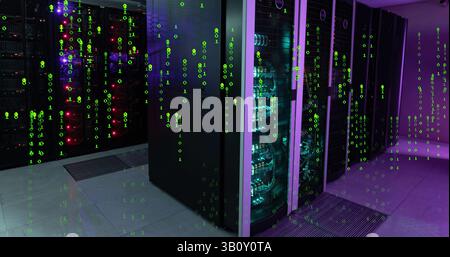 Image of green numbers falling over servers Stock Photo
