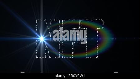 Digital image of nft text banner against spot of light and rainbow flare on black background Stock Photo