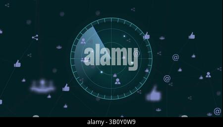 Digital image of scope scanning over multiple digital icons floating against black background Stock Photo