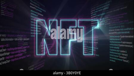 Digital image of neon nft text banner against data processing on black background Stock Photo