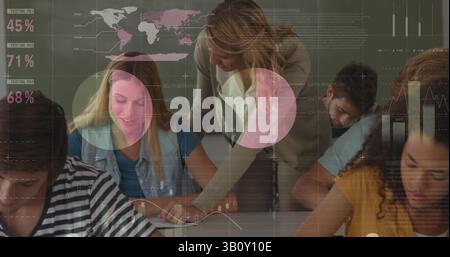 Statistical data processing against caucasian female teacher teaching students in a class at college Stock Photo