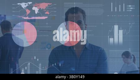 Statistical data processing against portrait of caucasian man smiling at office Stock Photo