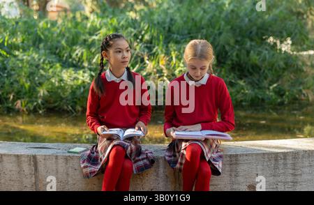 Two girls wearing school uniforms are reading books sitting on a low wall near a pond in a park, enjoying a quiet moment of study in the fresh air Stock Photo
