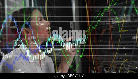 Financial data processing over thoughtful caucasian female engineer working in computer server room Stock Photo
