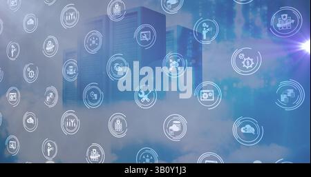 Image of falling icons over server room Stock Photo