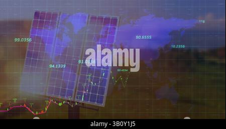 Image of financial data processing over world map and solar panel Stock Photo