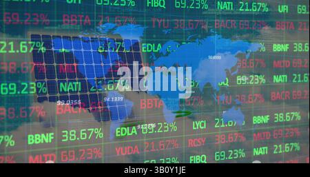 Image of financial data processing over world map and solar panel Stock Photo