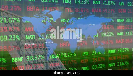 Image of financial data processing over world map and solar panel Stock Photo