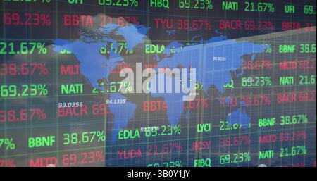 Image of financial data processing over and world map solar panel Stock Photo