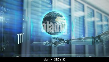 Image of robotic hand holding globe over mathematical equations and server room Stock Photo