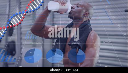 Image of dna and graphs over happy african american man drinking water and resting at gym Stock Photo