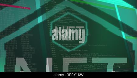 Image of nft text over data processing on green background Stock Photo