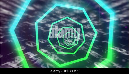 Image of tunnel with neon shapes over binary coding on black background Stock Photo