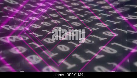 Image of tunnel with neon shapes over binary coding on black background Stock Photo
