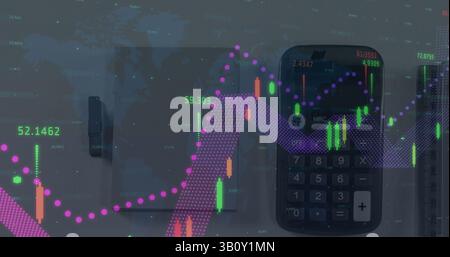 Image of financial data processing over calculator on desk Stock Photo