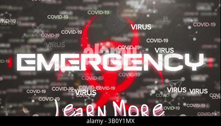 Learn more and emergency text with biohazard symbol against covid-19 texts and molecular structures Stock Photo