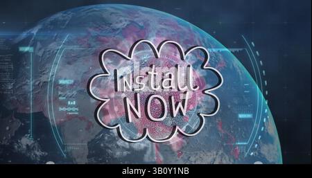 Install now text over a speech bubble against scope scanning over covid-19 cell and globe Stock Photo