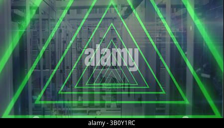 Image of tunnel with neon shapes over server room Stock Photo