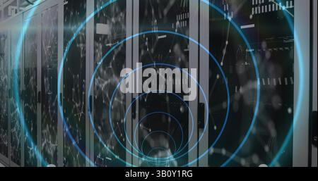 Image of tunnel with neon shapes over server room Stock Photo