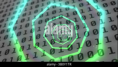 Image of tunnel with neon shapes over binary coding on white background Stock Photo