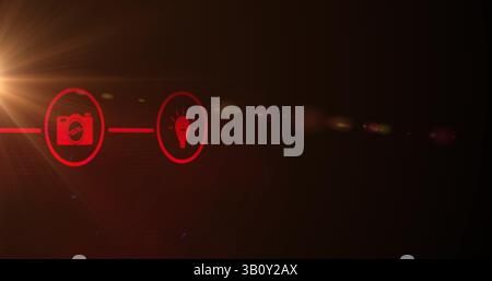 Digital image of network of digital icons over spot of light against red background Stock Photo