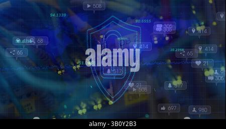 Multiple numbers over security shield and padlock icon against close up of a computer server Stock Photo