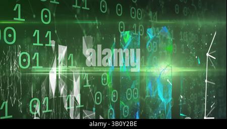 Binary coding data processing over screens of plexus networks against green background Stock Photo