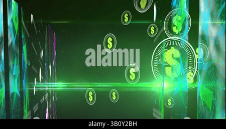 Image of dollars in circles over shapes on green background with lights Stock Photo