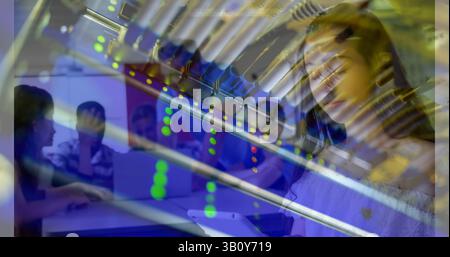 Image of server room over biracial girl using tablet Stock Photo