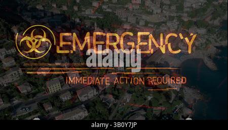 Image of biohazard symbol and emergency text over cityscape Stock Photo