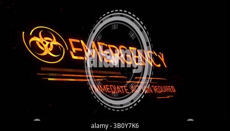 Image of biohazard symbol and emergency text over clock Stock Photo