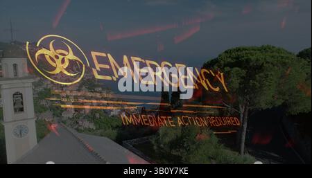 Image of biohazard symbol and emergency text over cityscape Stock Photo