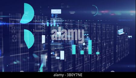 Digital image of multiple screens with data processing against spot of light on blue background Stock Photo