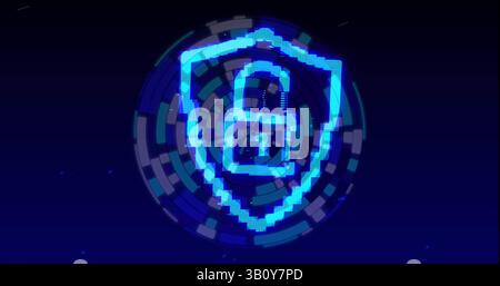 Security padlock and shield icon over blue abstract circular shape spinning against blue background Stock Photo
