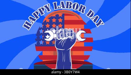 Image of happy labor day text over american flag and lights Stock Photo