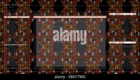 Digital interface with data processing against abstract structures on black background Stock Photo