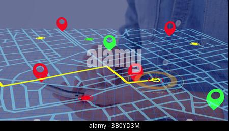 Navigator pin over navigation map line scheme against mid section of a man using a smartphone Stock Photo